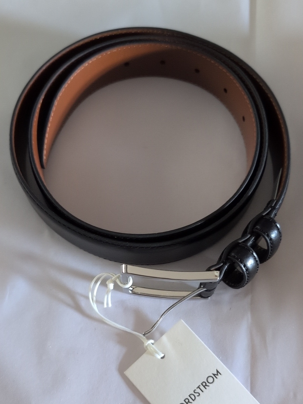 Nordstrom Men’s Black Leather Belt with Tan Interior and Silver Buckle
